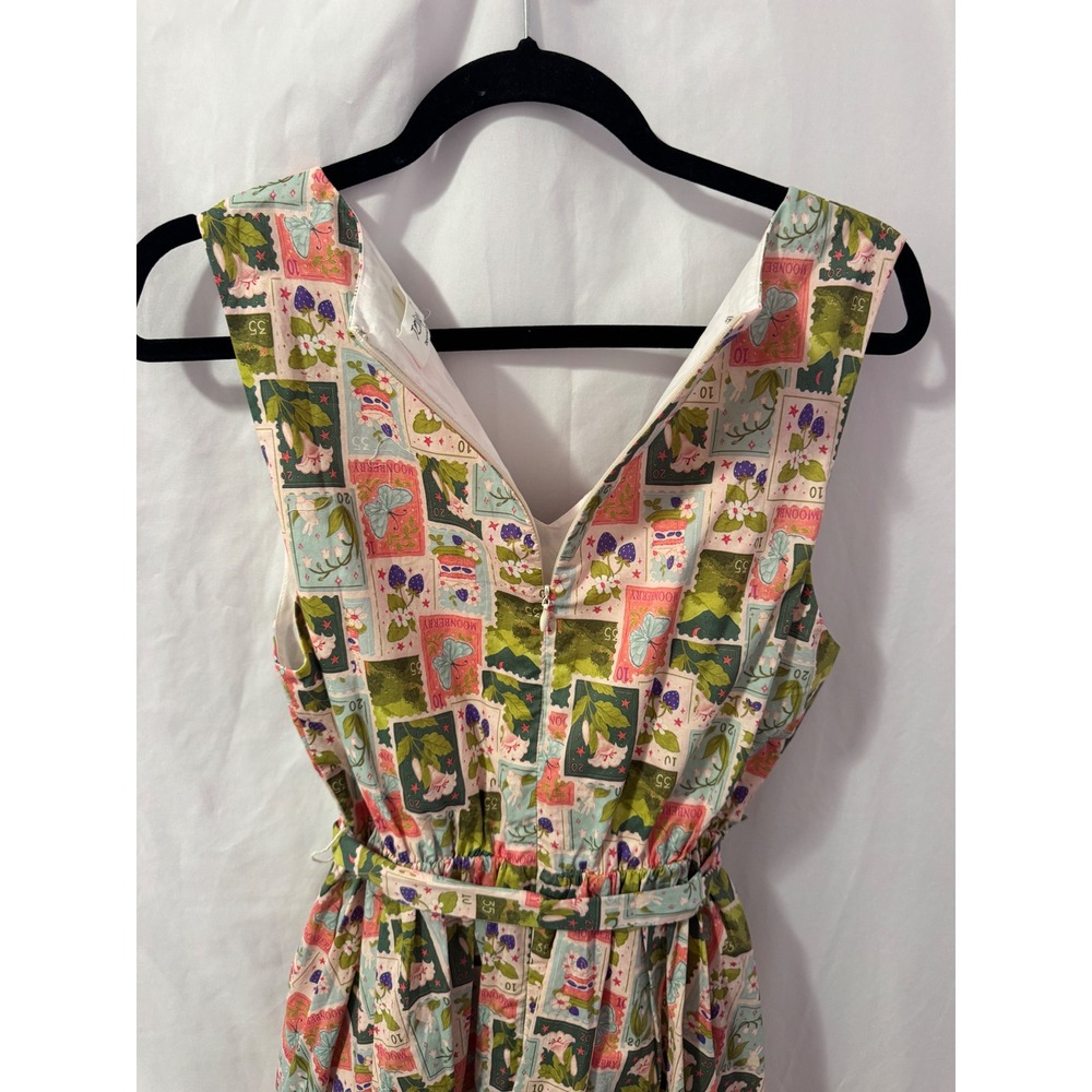 Tulip B Stamp Print Fit Flare Dress W M/L Pink Green Cottagecore Vintage Style - Picture 2 of 8